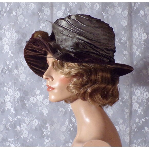 Antique Edwardian Bird Hat 1900s 1910s Wide Brim Silk Velvet Dramatic Steampunk - Picture 2 of 7